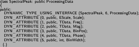 \begin{spacing}{0.8}
\textsf{\footnotesize class SpectralPeak: public Processing...
...notesize  (.)}\\
\textsf{\footnotesize }\\
{\footnotesize\par
}
\end{spacing}